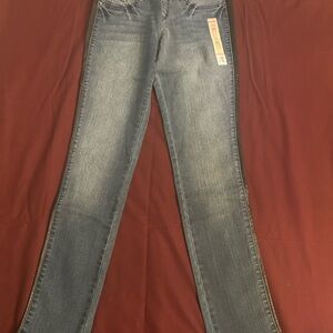 Mudd girls size 16 Blue Jean Jeggings with faux leather stripe on legs